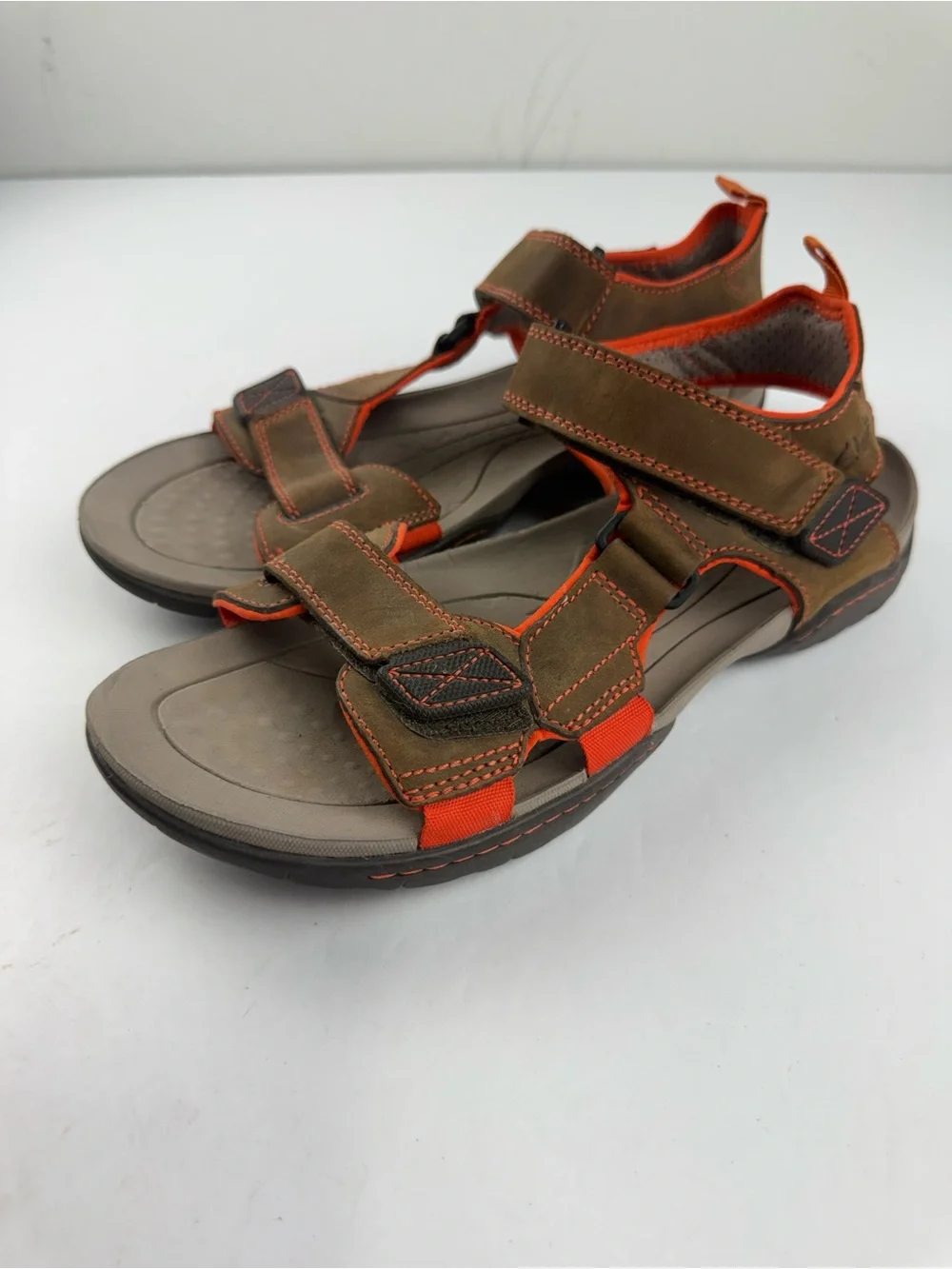 Clarks Mens 10 Brown Orange Leather Sandal Hook and Loop Adjustable